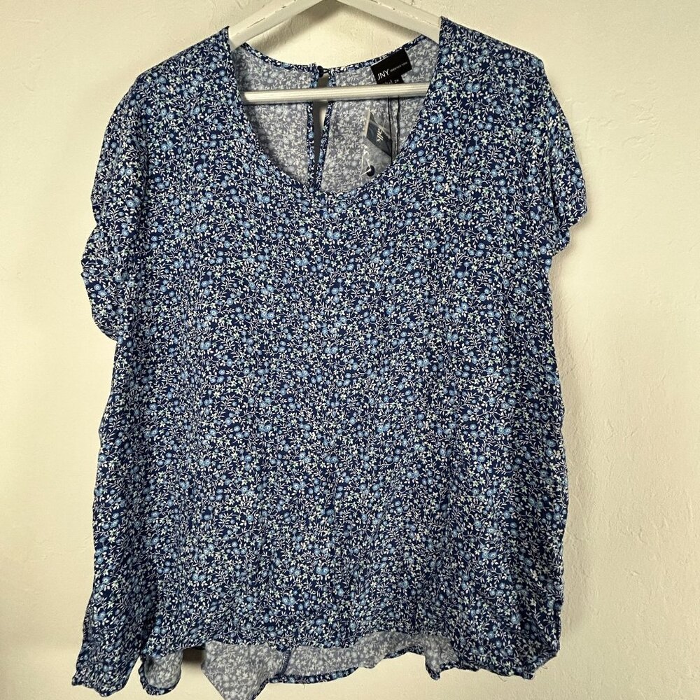 JNY Jones New York Womens Blue Floral Print Short Sleeve Tunic Top Blouse 2X New